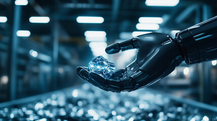 A piece of raw lithium metal held by a robotic claw, surrounded by gleaming metallic rocks in a high-tech industrial facility