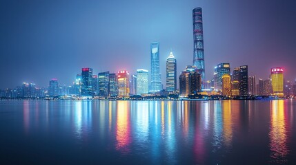 Naklejka premium Night cityscape skyline reflecting on water.