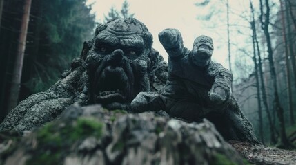 angry stone monster slams hand into ground against forest background.
