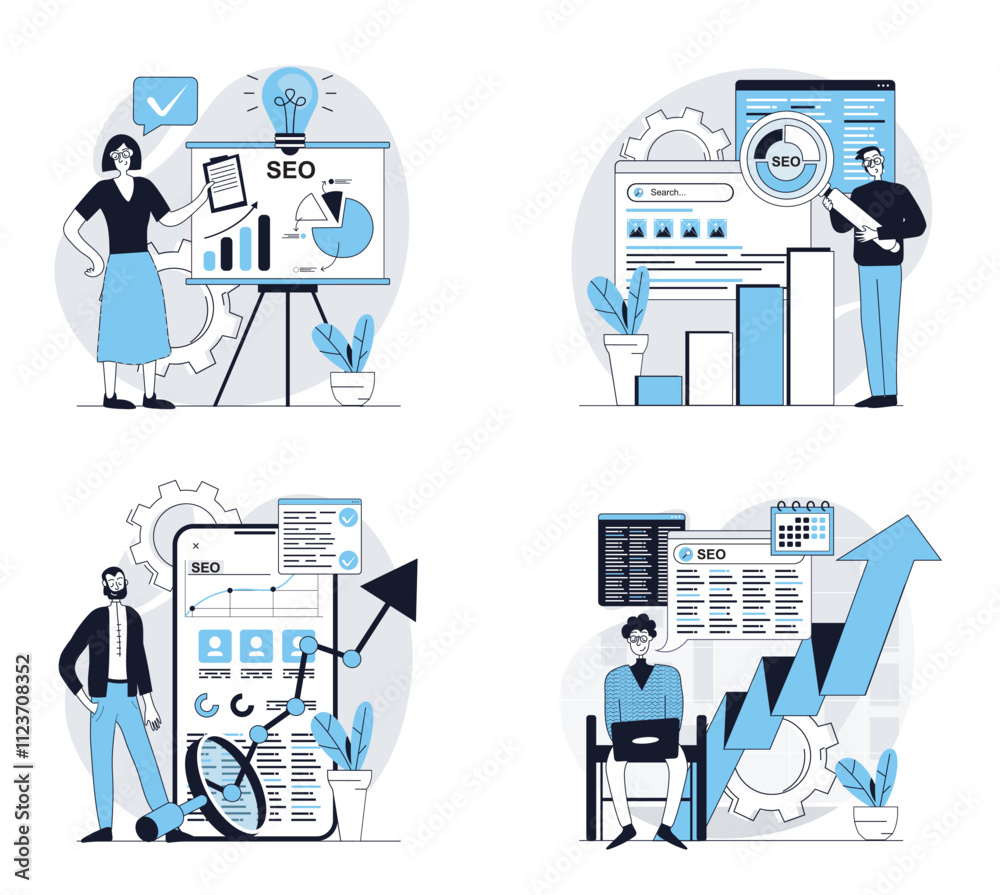 Leinwandbilder Seo analysis concept set in flat design for web. Collection with people making data site analysis, researching statistic graphs on screen, increasing traffic and raising page up. Vector illustrations.