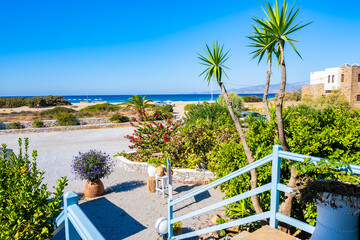 Entrance to restaurant decorated with tropical plants near Plaka beach, Naxos island, Cyclades,...