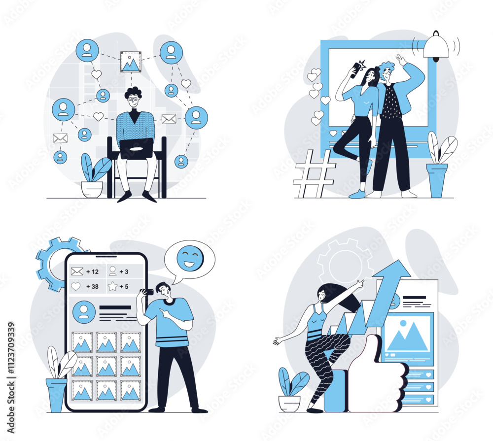 Leinwandbilder Social network concept set in flat design for web. Collection with people connecting online with internet friends, taking selfies, posting online, collect likes, developing blog. Vector illustrations.