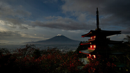 Viewpoint of Mount Fuji with Pagoda in autumn colored scenerey