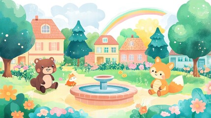 Fototapeta premium A cartoon scene of a forest with a rainbow and a fountain. Illustration