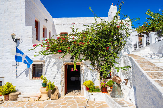 White houses and steps to church square in historic Filoti village, Naxos island, Cyclades, Greece