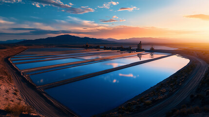 Evaporation ponds in stark contrast with the surrounding desert, their bright colors reflecting sunlight, with towering machinery visible in the distance
