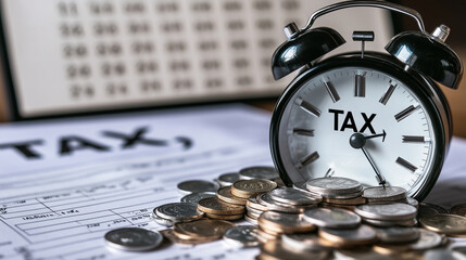 A clock ticking over a pile of coins labeled "TAX," emphasizing the deadline for financial obligations, with a calendar in the background
