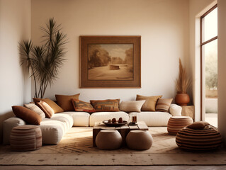 Modern nomadic interior living room. Modern tribal interior. Neutral colors and prairie style decor.