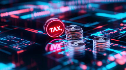 A futuristic digital interface showing glowing coins labeled "TAX," surrounded by virtual graphs and financial data streams