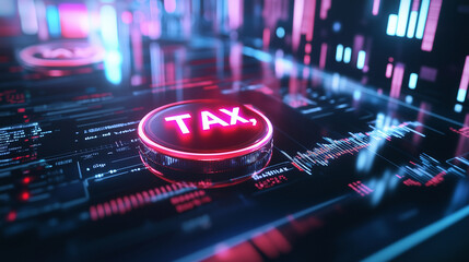 A futuristic digital interface showing glowing coins labeled "TAX," surrounded by virtual graphs and financial data streams