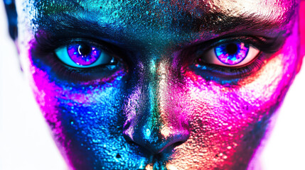 Naklejka premium Vivid close-up of a model with iridescent body paint showcasing vibrant colors and bold artistry in a captivating studio setting