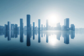 Fototapeta premium A futuristic skyline with tall sleek buildings glowing in the sunlight reflected on calm water creating a peaceful urban scene 
