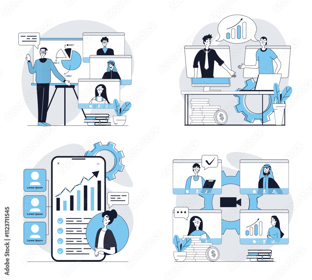 Poster Video business conference concept set in flat design for web. Collection with people working remotely at global project, connecting online, discussing tasks, getting breafing. Vector illustrations.