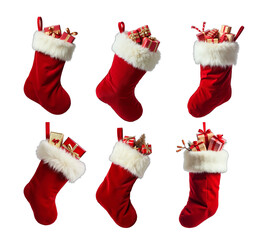 A festive red velvet Christmas stocking with a white fur trim, filled with small wrapped presents and colorful candy, isolated on a transparent background.