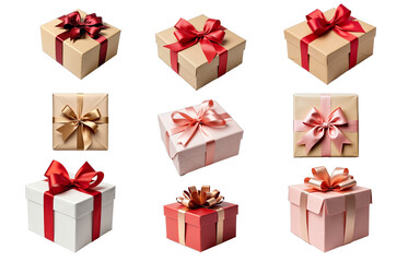 A beautifully wrapped gift box featuring elegant wrapping paper and a large decorative bow, isolated on a transparent background.