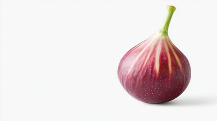   White background with eggplant in center and green stem protruding from top