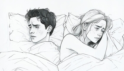 Young man and woman in bed unhappy with each other because of problems with sex. Pencil black and white drawing on white background. Concept of sexual problems in young heterosexual couples
