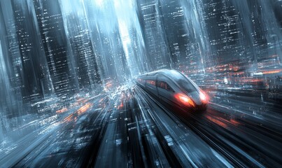 Fototapeta premium A futuristic high-speed train speeding through a bustling modern city. with skyscrapers, creating a sense of speed and urban energy as the train darts through the city high-tech infrastructure.