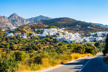 View of mountain village of Kourounochori from scenic road, Naxos island, Cyclades, Greece