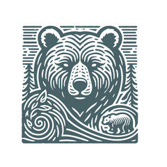 A decorative engraved-style illustration of a bear with a forest background, perfect for nature-themed designs, branding, or rustic projects. Isolated vector illustration on a white background.