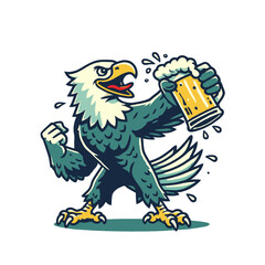 Dynamic eagle holding a frothy beer mug, raising its fist in excitement. A bold and energetic design for pubs, parties, and celebration themes. Isolated vector illustration.