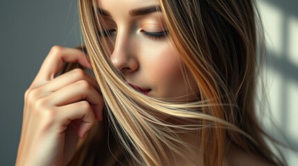 a woman with a brown hair is holding a gold string