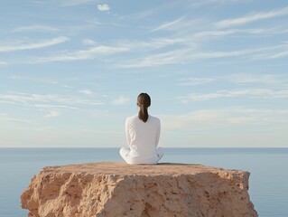 Naklejka premium Inner dialogue visualization amid a serene landscape promoting self-discovery
