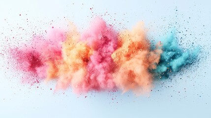 Obraz premium A vibrant explosion of colored powder creates a playful and dynamic scene, showcasing hues of pink, orange, and blue against a light background.