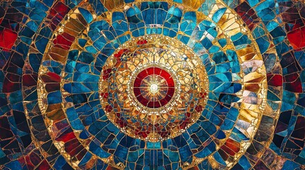 Intricate colorful mosaic ceiling detail, circular pattern, vibrant glass tiles.