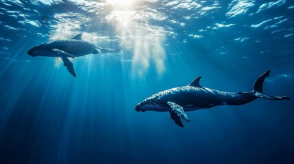 Obraz premium Two whales swim, sunlit ocean depths.