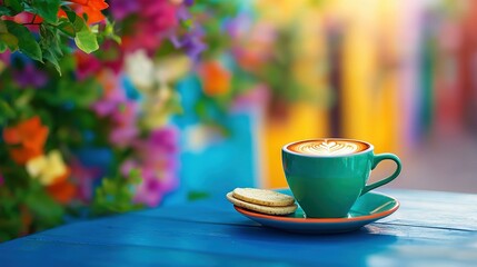 Fototapeta premium A cup of cappuccino on a blue table with cookies and flowers in the background