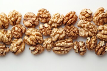 A pile of walnuts placed on a clean, solid background. A fresh and natural concept for healthy eating promotions. Banner with space for text