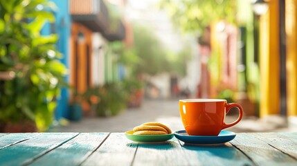   A steaming cup of joe resting on a rustic wooden table beside a mouthwatering plate of cookies