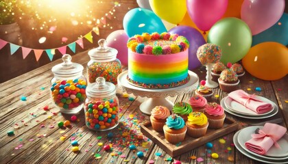 Fototapeta premium Rainbow birthday cake surrounded by colorful treats and balloons celebrating a festive occasion