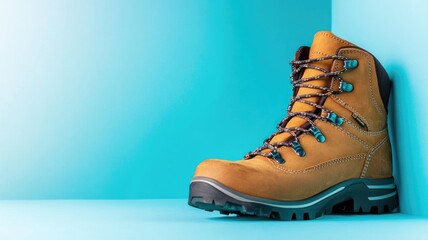 Sturdy tan hiking boot with black sole against blue background