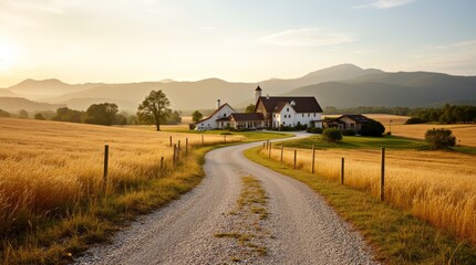 Obraz premium Rustic Gravel Walkway to Cozy Farmhouse in Rolling Hills