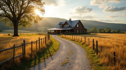Obraz premium Rustic Gravel Walkway to Cozy Farmhouse in Rolling Hills