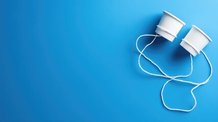 Two paper cups connected by string on blue background