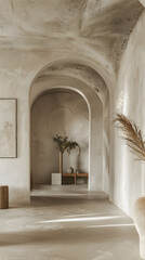 This tranquil space features a minimalist archway design, indoor plants, and textured walls, creating a stylish, contemporary, and airy look with the use of natural light