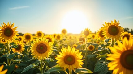 Obraz premium Vast Sunflower Field Under a Bright Summer Sun