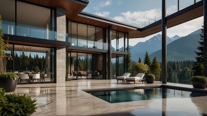 Fototapeta premium A luxurious mansion nestled in the heart of Vancouver, Canada, boasting stunning views of the city skyline and the majestic mountains beyond. Rendered in a sleek and modern style, with floor-to-ceilin