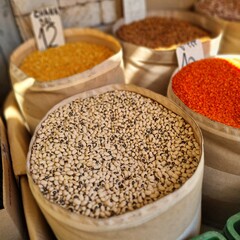 Close up of peas and kidney beans in the market