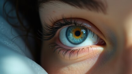 Fototapeta premium Woman Awakening in Bedroom: Close-Up of Face and Eyes