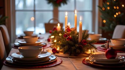 Cozy Christmas table setting with candles and decorations 