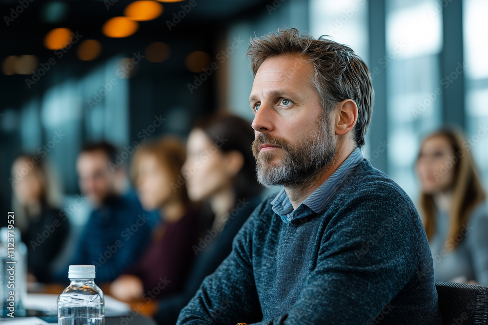 Poster focused businessman with beard attentively listens during casual meeting in modern office setting, s