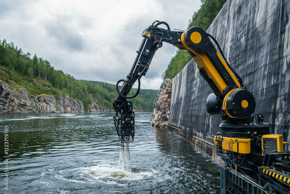 Poster robotic arm with yellow and black design is seen operating near dam, extracting water from reservoir