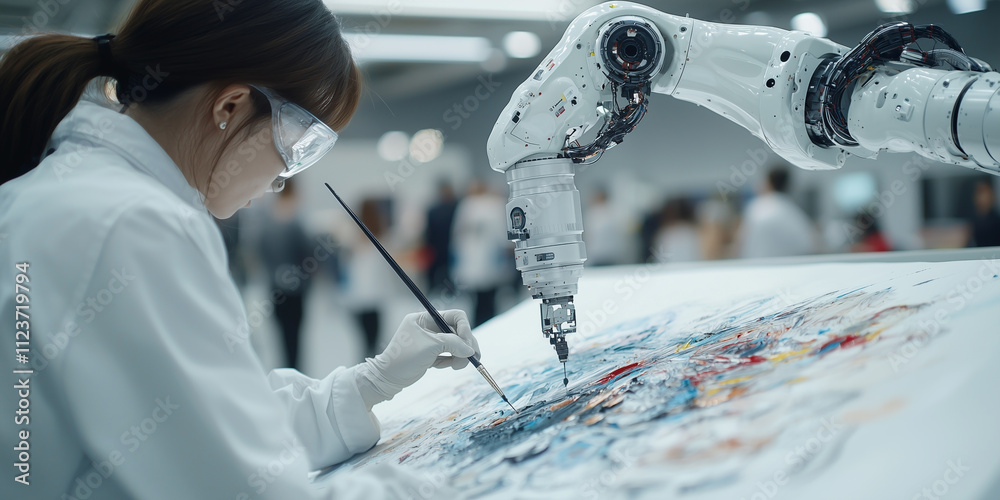 Aufkleber robotic arm collaborates with scientist in lab coat to create abstract painting on canvas, showcasing innovation and creativity in art and technology