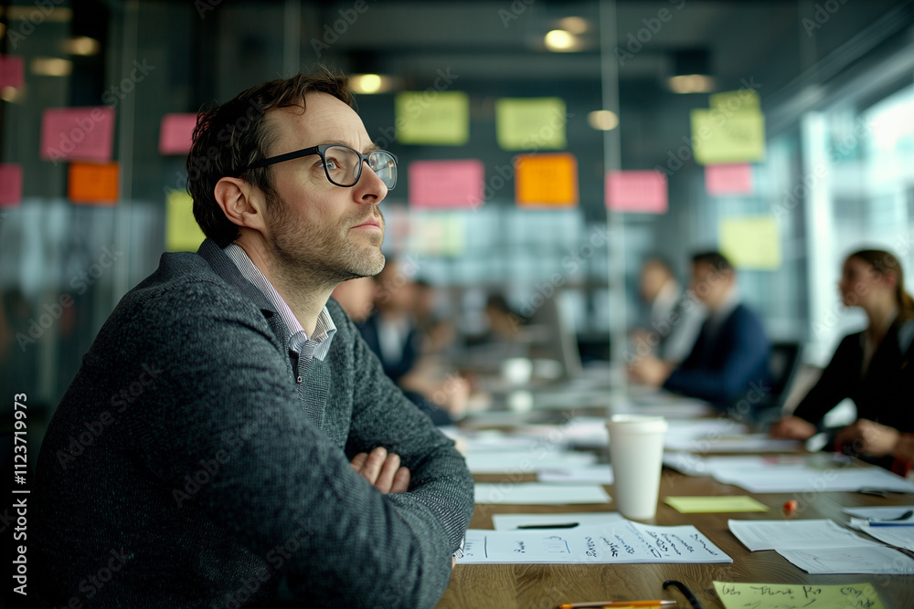 Poster thoughtful businessman in brainstorming session, surrounded by notes and documents, sits in modern o