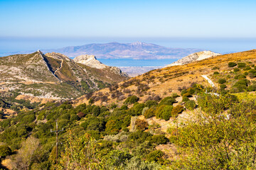 View of mountain farming landscape and sea, Naxos island, Cyclades, Greece