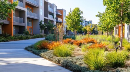 Fototapeta premium Urban modern apartment complex featuring contemporary landscape design. The residential building facade features waterwise landscaping with drought-resistant shrubs and trees.